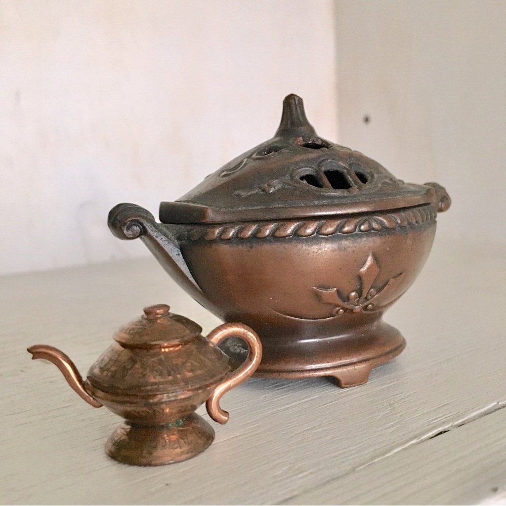 Vintage Bundle Copper Incense Burner Pierced Lid + Mini Copper Teapot Figurine